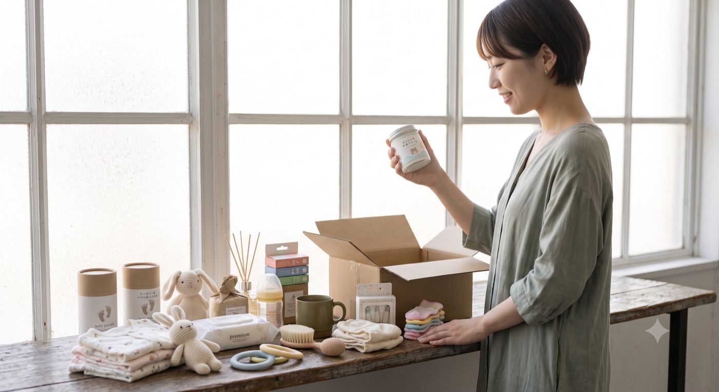 ベビー用品を手に取るスタッフ